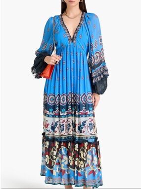 FARM Rio Anika XS Vibrant Blue Bohemian Maxi Dress with Multicolor Border Print